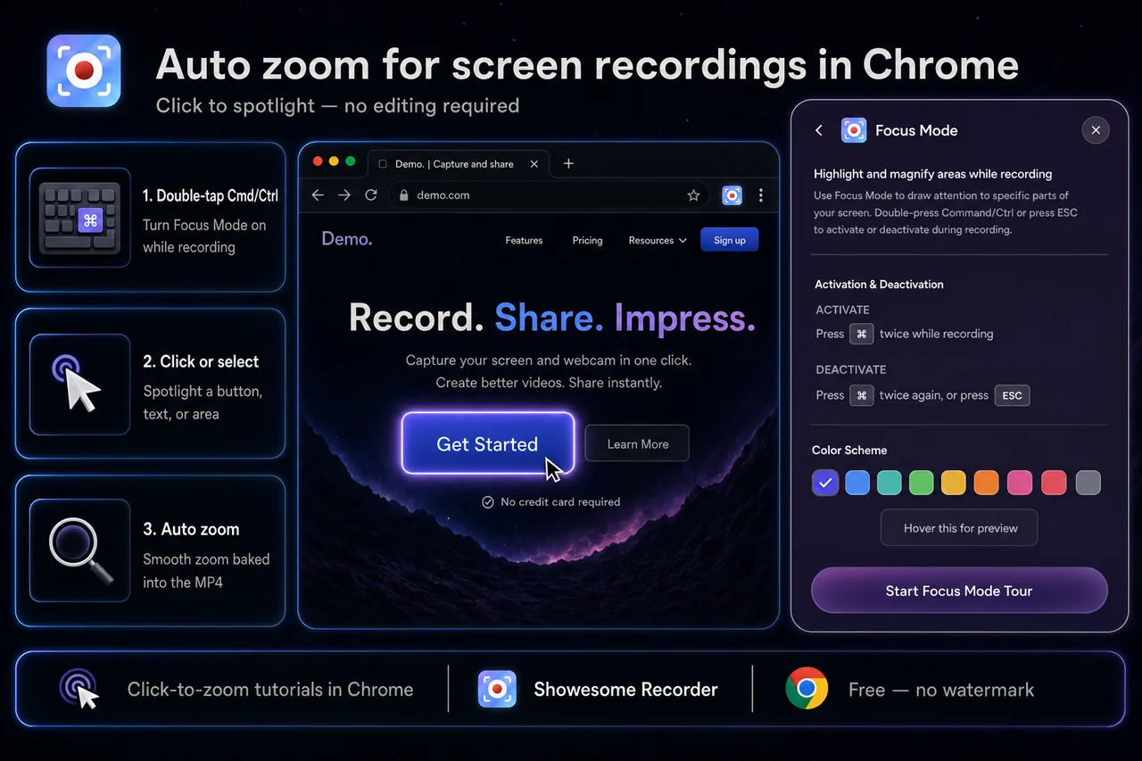 Auto zoom for screen recordings in Chrome (without editing)