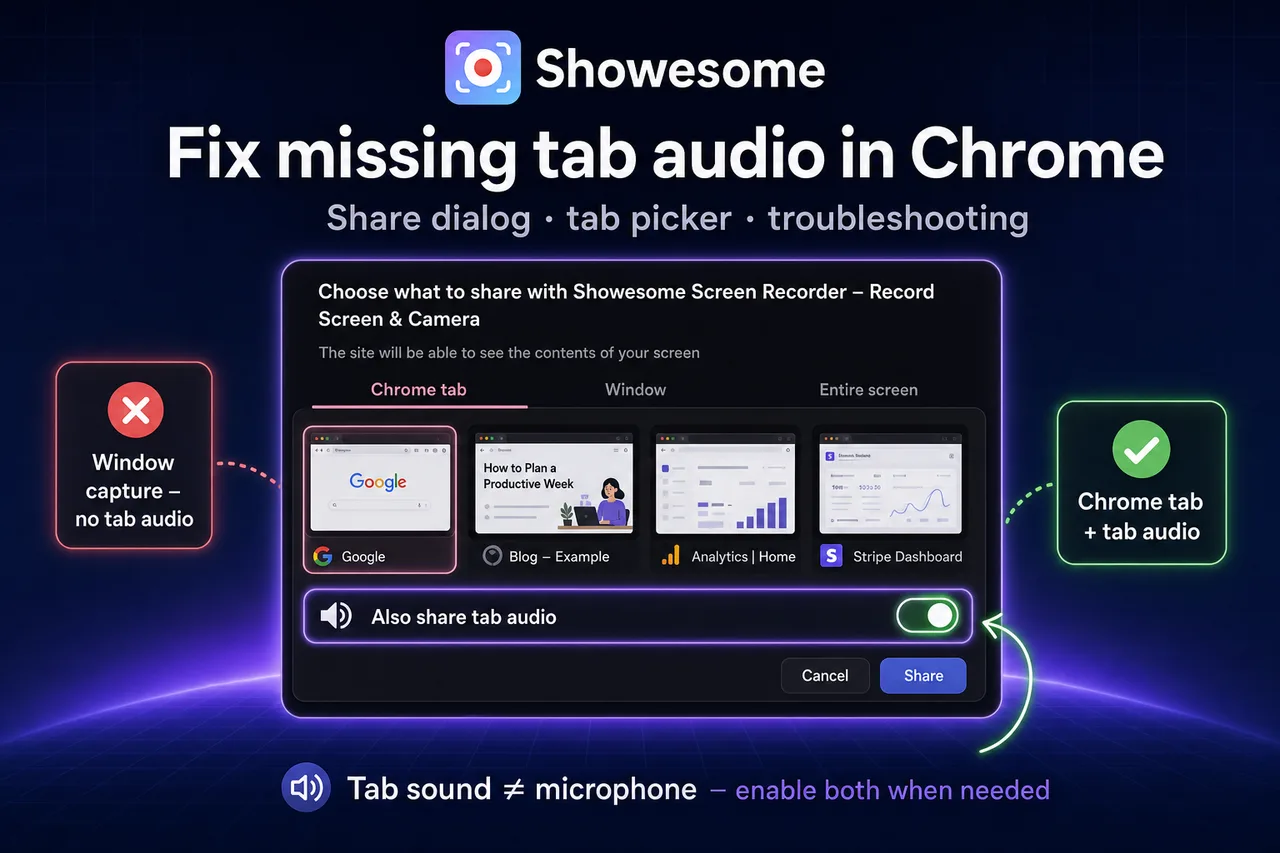 Share tab audio missing in Chrome? Fix tab recording (2026)