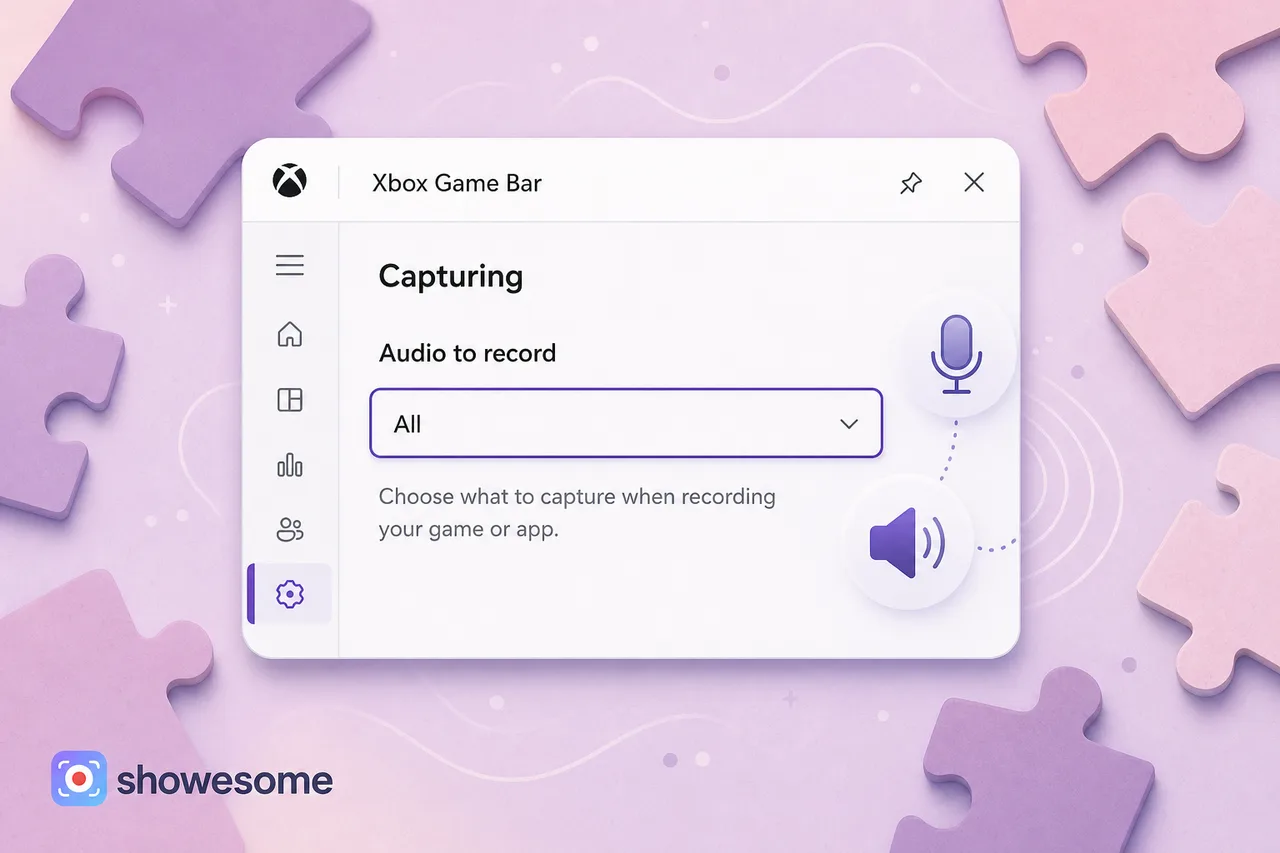 In Xbox Game Bar Capturing settings, set Audio to record to All when clips have no sound